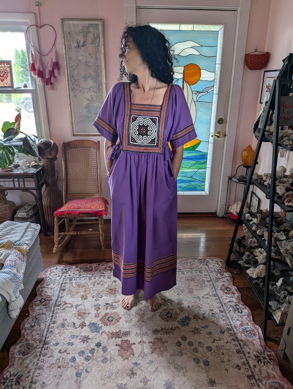 Purple Boho Embroidered Midi Dress